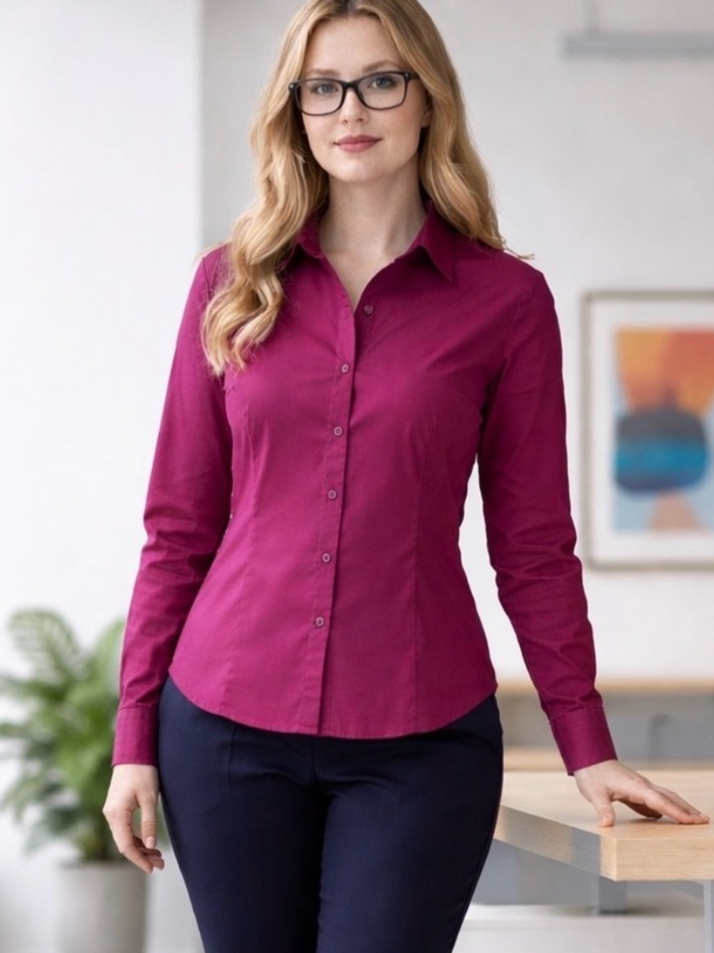 Kim Rogers XL. Bright Fuchsia Button-Front Blouse 97% Cotton 3% Spandex